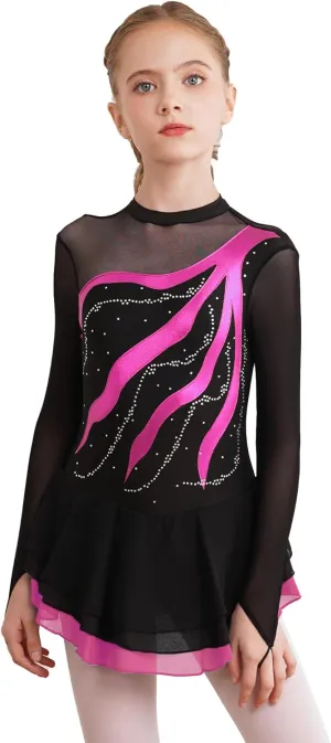 Aislor Girls Mesh Splice Figure Ice Skating Dress Long Sleeves Ballet Dance Gymnastics Leotards Tutu Dress Dancewear