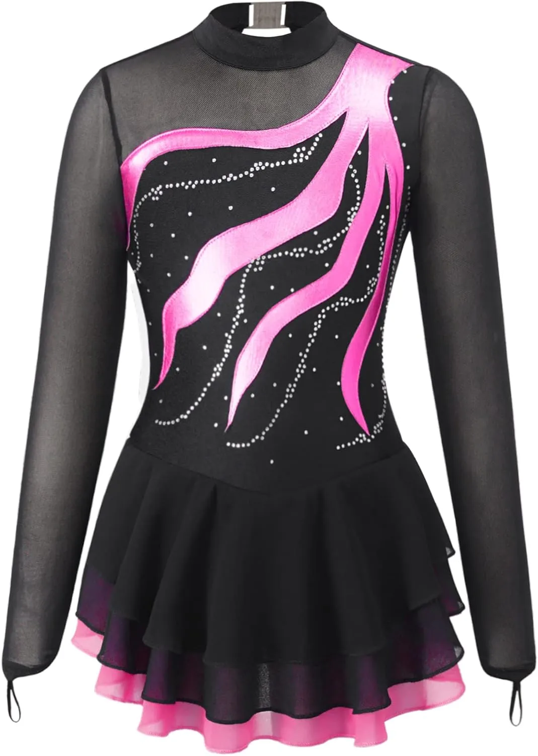 Aislor Girls Mesh Splice Figure Ice Skating Dress Long Sleeves Ballet Dance Gymnastics Leotards Tutu Dress Dancewear