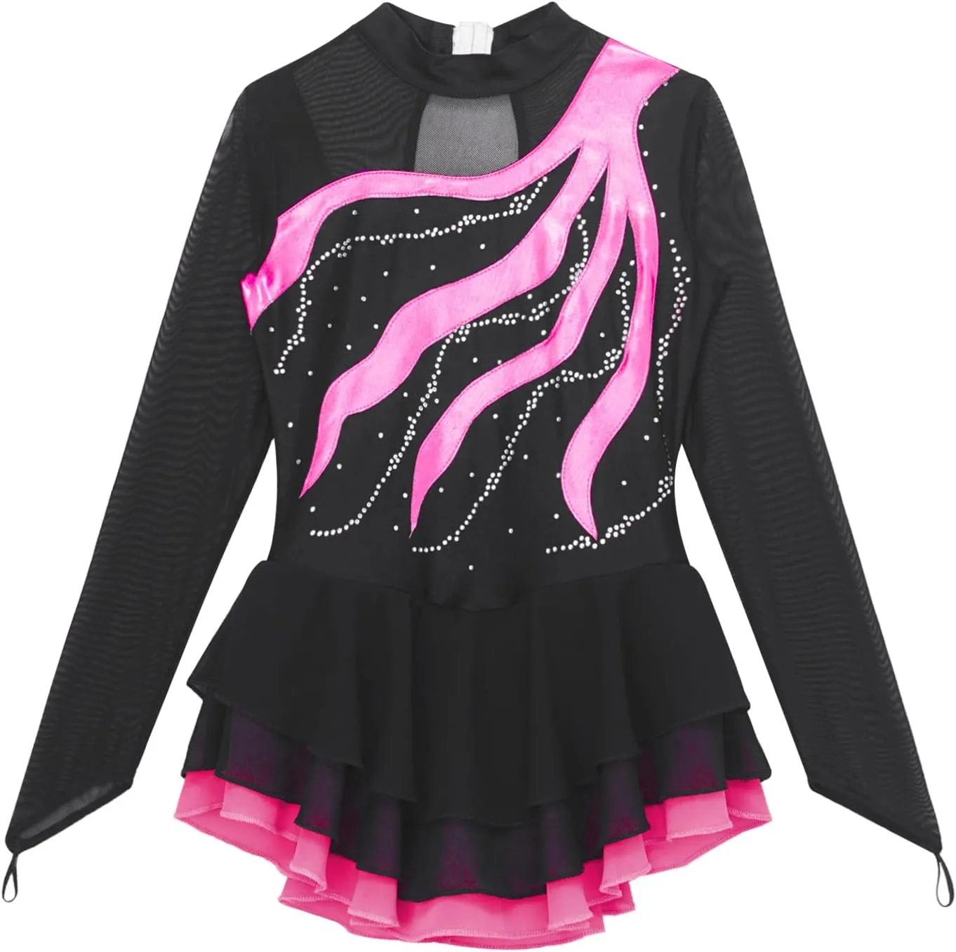 Aislor Girls Mesh Splice Figure Ice Skating Dress Long Sleeves Ballet Dance Gymnastics Leotards Tutu Dress Dancewear