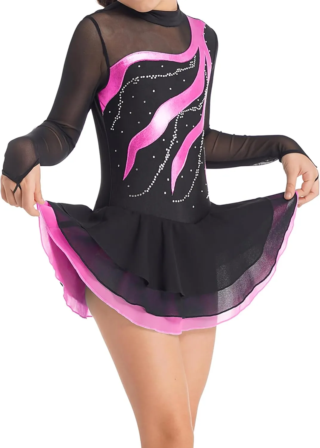 Aislor Girls Mesh Splice Figure Ice Skating Dress Long Sleeves Ballet Dance Gymnastics Leotards Tutu Dress Dancewear