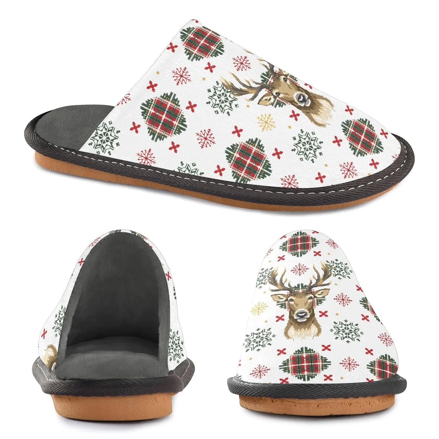 ALAZA Christmas Deer White Snowflake Fuzzy Slippers for Women Men Warm Soft Lightweight Memory Foam House Slippers 9-10