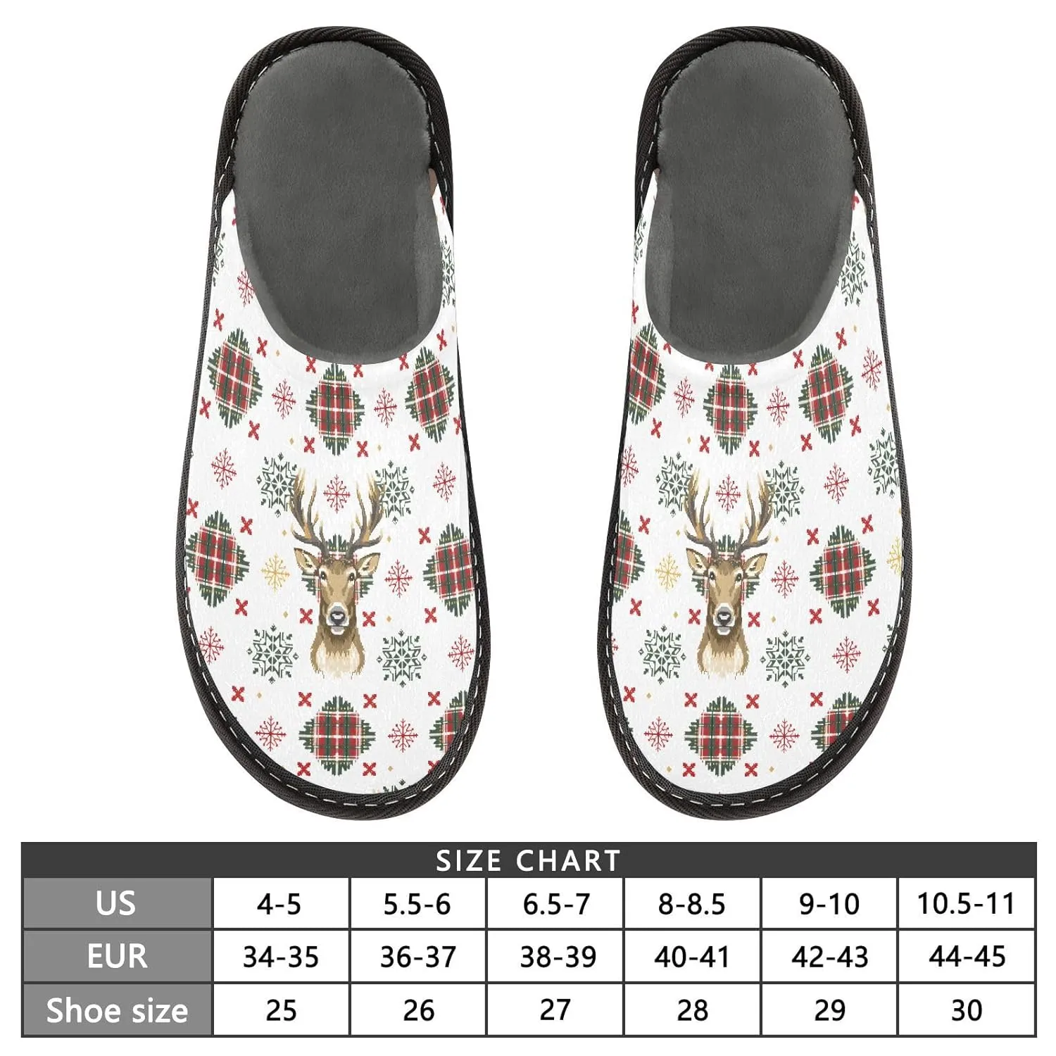 ALAZA Christmas Deer White Snowflake Fuzzy Slippers for Women Men Warm Soft Lightweight Memory Foam House Slippers 9-10