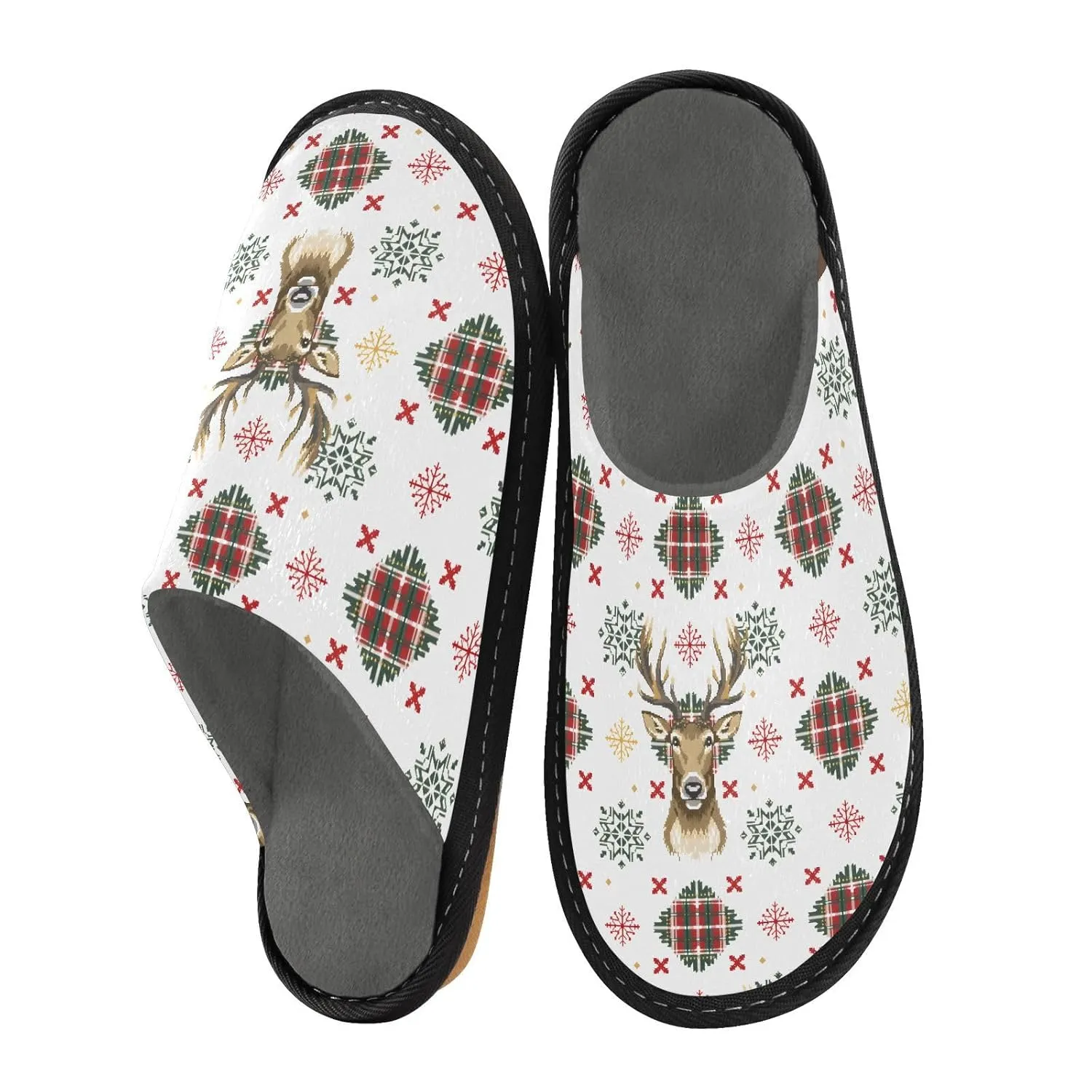 ALAZA Christmas Deer White Snowflake Fuzzy Slippers for Women Men Warm Soft Lightweight Memory Foam House Slippers 9-10