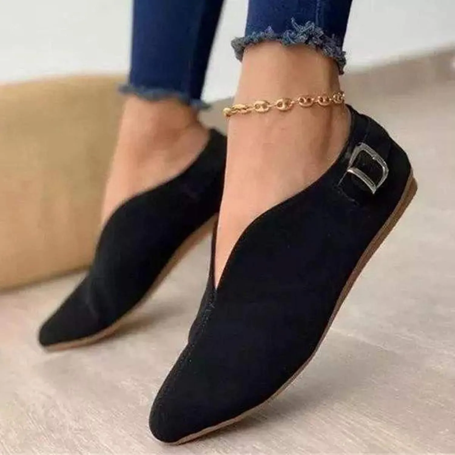 AMDBEL Flats Shoes Women Dressy Comfortable Women Pointed Toe Single Shoes Suede Flock Casual Buckle Strap Loafers Shoes