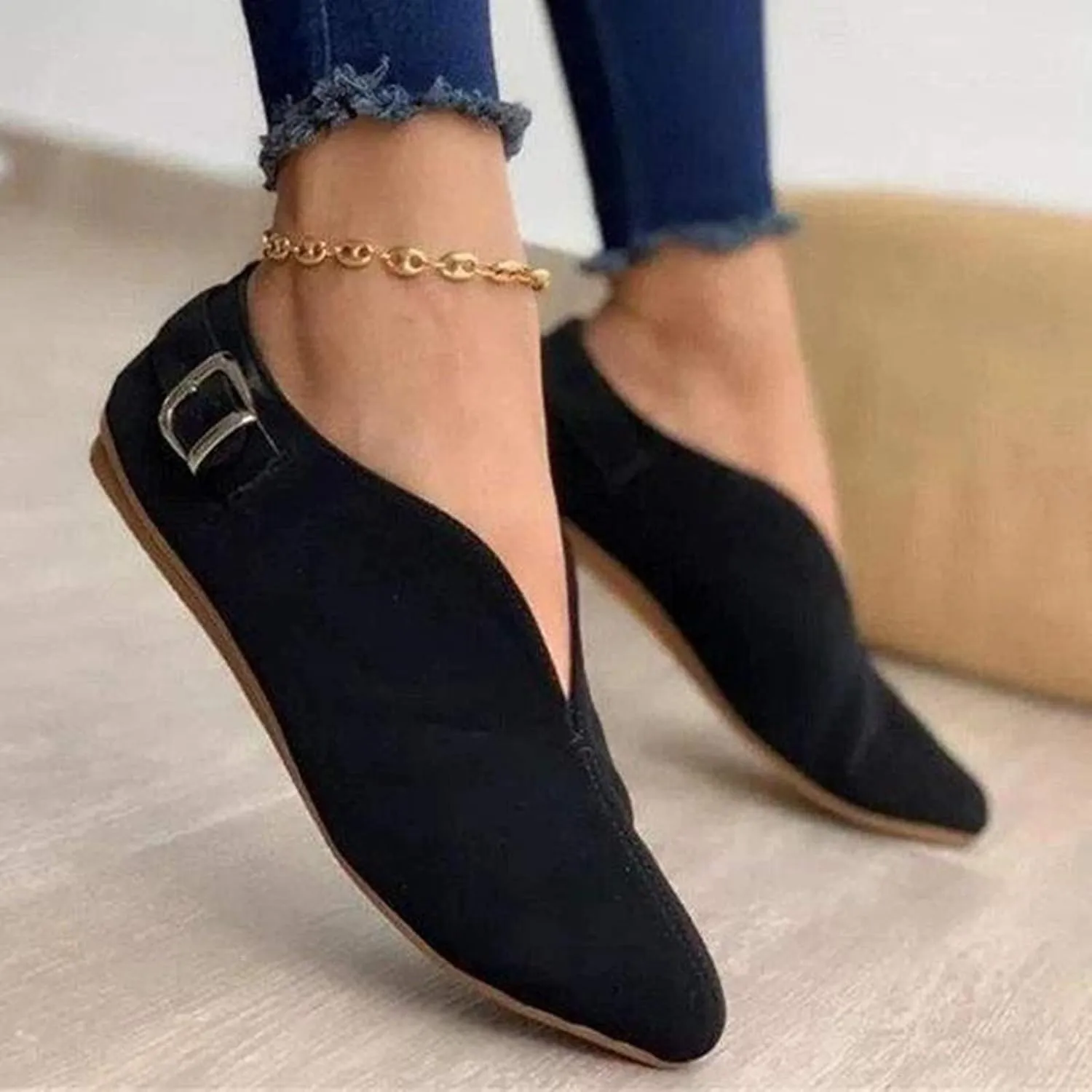 AMDBEL Flats Shoes Women Dressy Comfortable Women Pointed Toe Single Shoes Suede Flock Casual Buckle Strap Loafers Shoes