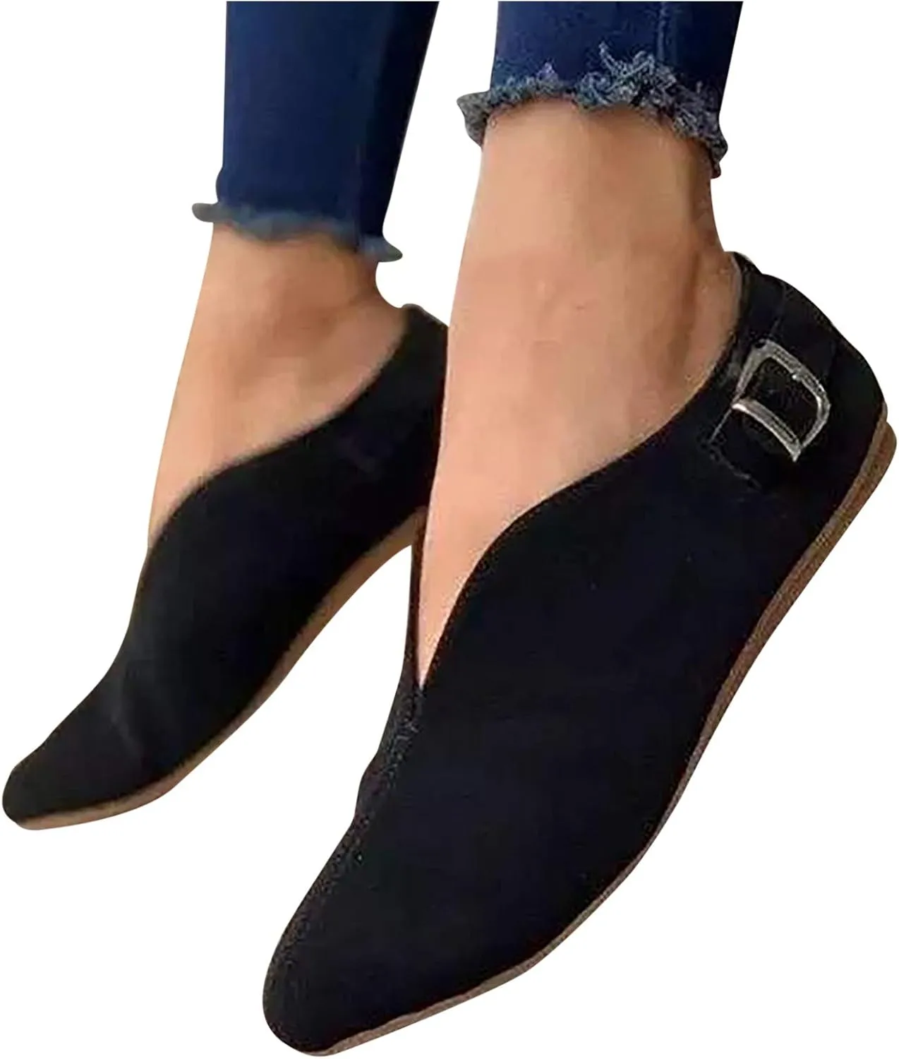 AMDBEL Flats Shoes Women Dressy Comfortable Women Pointed Toe Single Shoes Suede Flock Casual Buckle Strap Loafers Shoes