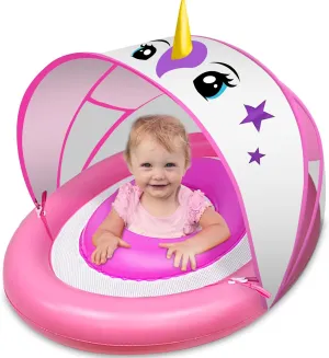 AMENON Unicorn Inflatable Baby Pool Float for Toddlers 6-36 Months with UPF50  4 Stage Adjustable Sun Canopy, Non-Flip Safety Seat, Dual Air Chambers, Infant Swim Training Float for Pool