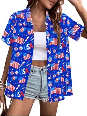American Flag Shirt Patriotic T-Shirt: Women 4th of July Tops USA Red White Blue Tee Memorial Day Button Down Shirts