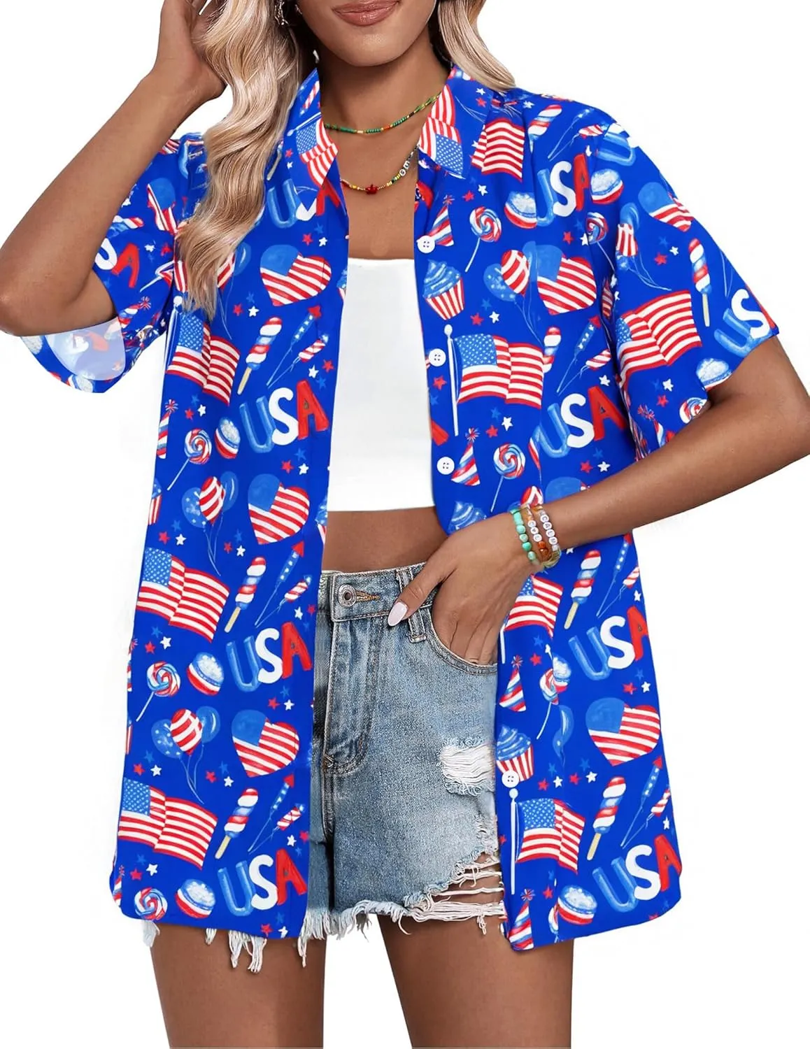 American Flag Shirt Patriotic T-Shirt: Women 4th of July Tops USA Red White Blue Tee Memorial Day Button Down Shirts