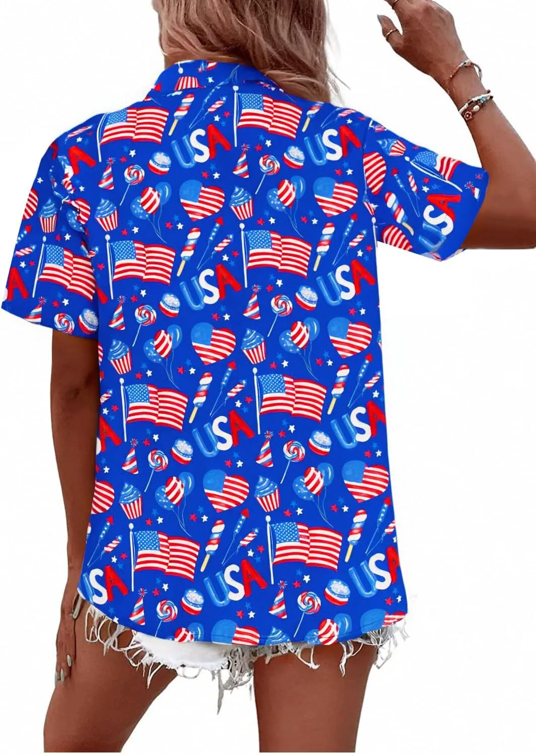 American Flag Shirt Patriotic T-Shirt: Women 4th of July Tops USA Red White Blue Tee Memorial Day Button Down Shirts