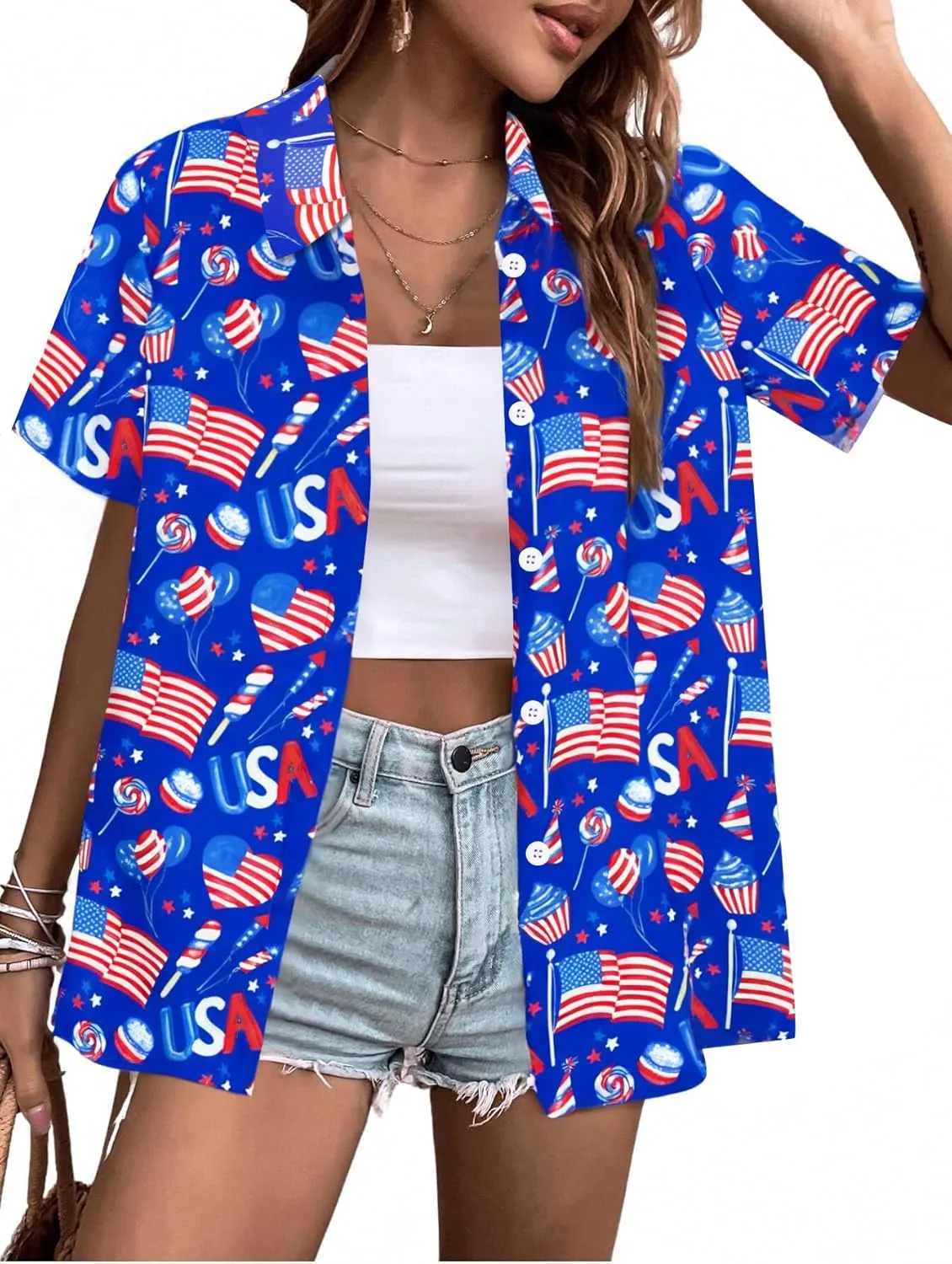 American Flag Shirt Patriotic T-Shirt: Women 4th of July Tops USA Red White Blue Tee Memorial Day Button Down Shirts