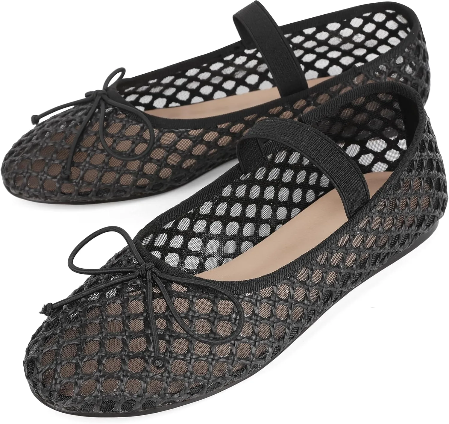 AMINUGAL Raffia Ballet Flats Shoes for Women Dressy Comfortable Woven Straw Women's Flat with Elastic Strap Mesh Bows Raffia Mary Janes Ballerina