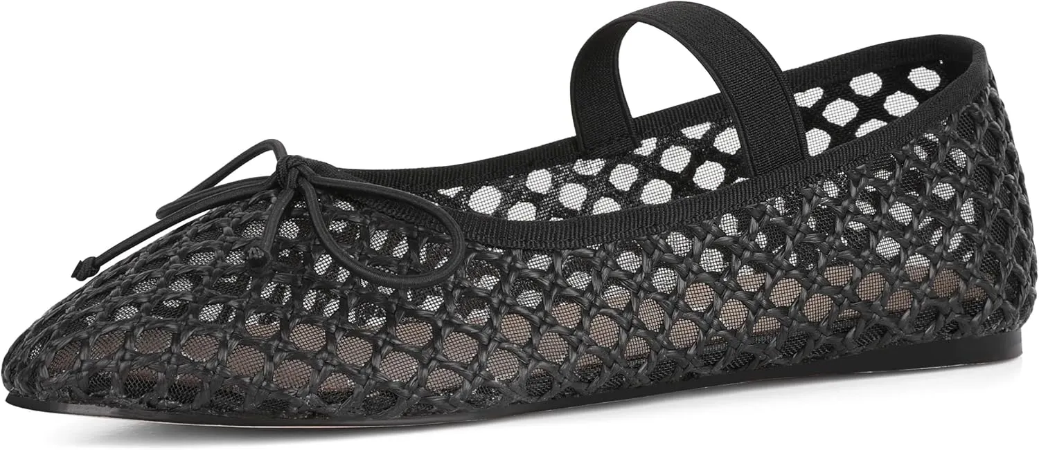 AMINUGAL Raffia Ballet Flats Shoes for Women Dressy Comfortable Woven Straw Women's Flat with Elastic Strap Mesh Bows Raffia Mary Janes Ballerina
