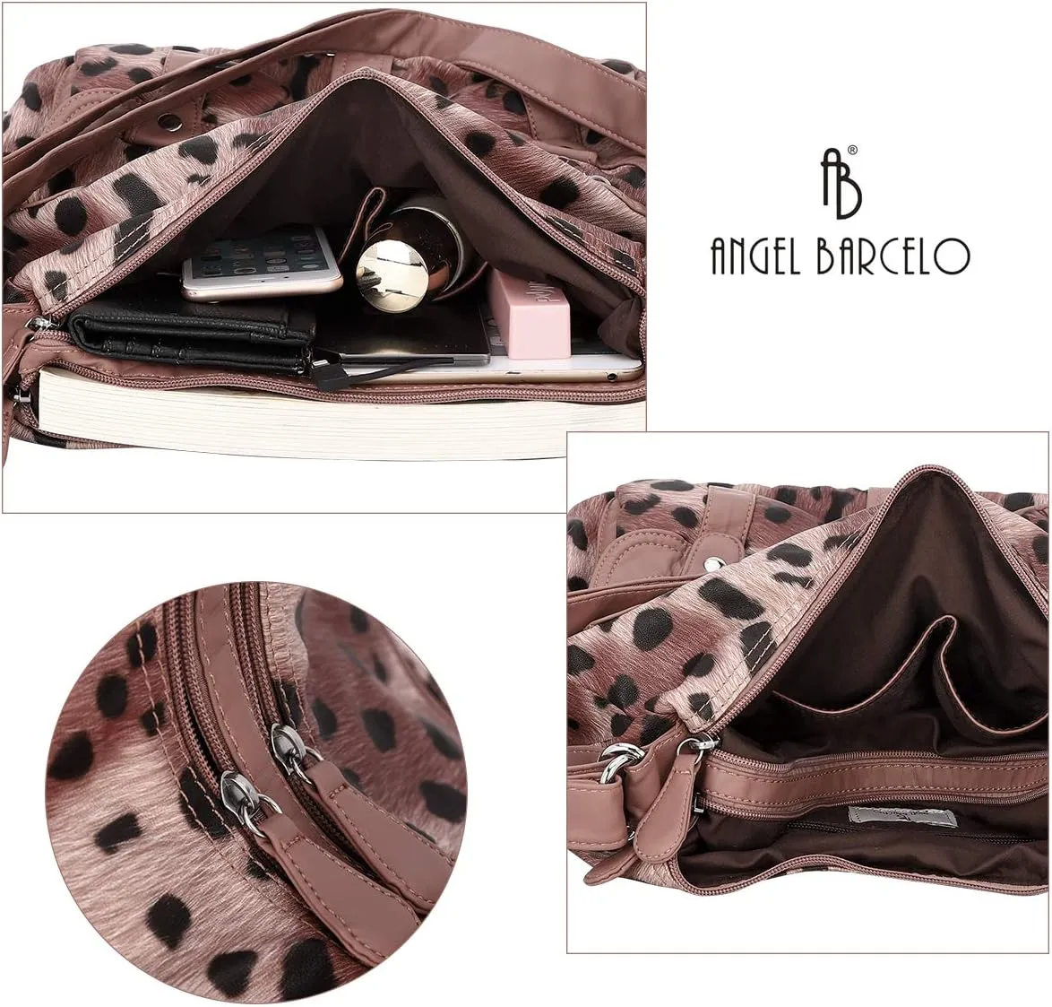 Angel Barcelo Women Multifunctional Soft Leather Handbag Purses Shoulder Hobo Backpack Crossbody Zipper Bag with Pocket