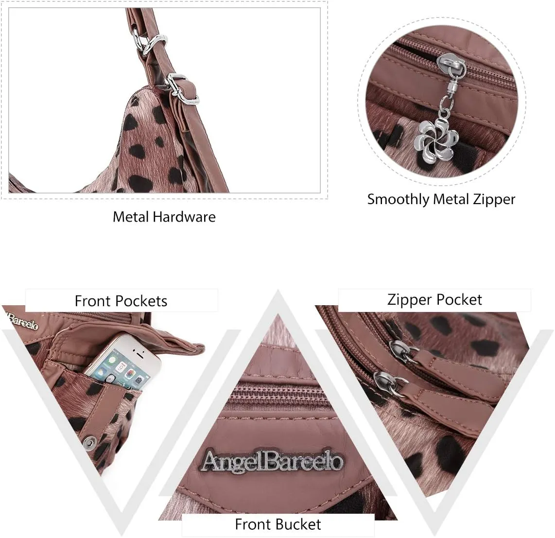 Angel Barcelo Women Multifunctional Soft Leather Handbag Purses Shoulder Hobo Backpack Crossbody Zipper Bag with Pocket