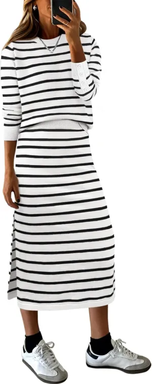 ANRABESS Women 2 Piece Outfits Striped Sweater Skirt Sets 2025 Fall Casual Long Sleeve Pullover Top Lounge Travel Midi Dress