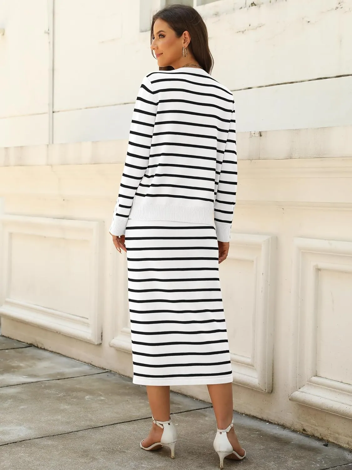 ANRABESS Women 2 Piece Outfits Striped Sweater Skirt Sets 2025 Fall Casual Long Sleeve Pullover Top Lounge Travel Midi Dress