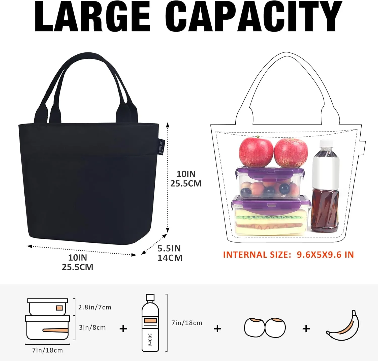 Aosbos Lunch Bag Lunch Box for Women Lunch Tote Bag Insulated Lunch Cooler Bag Thermal LunchBox Adult Bolsa Termica Almuerzo Lonchera, Black