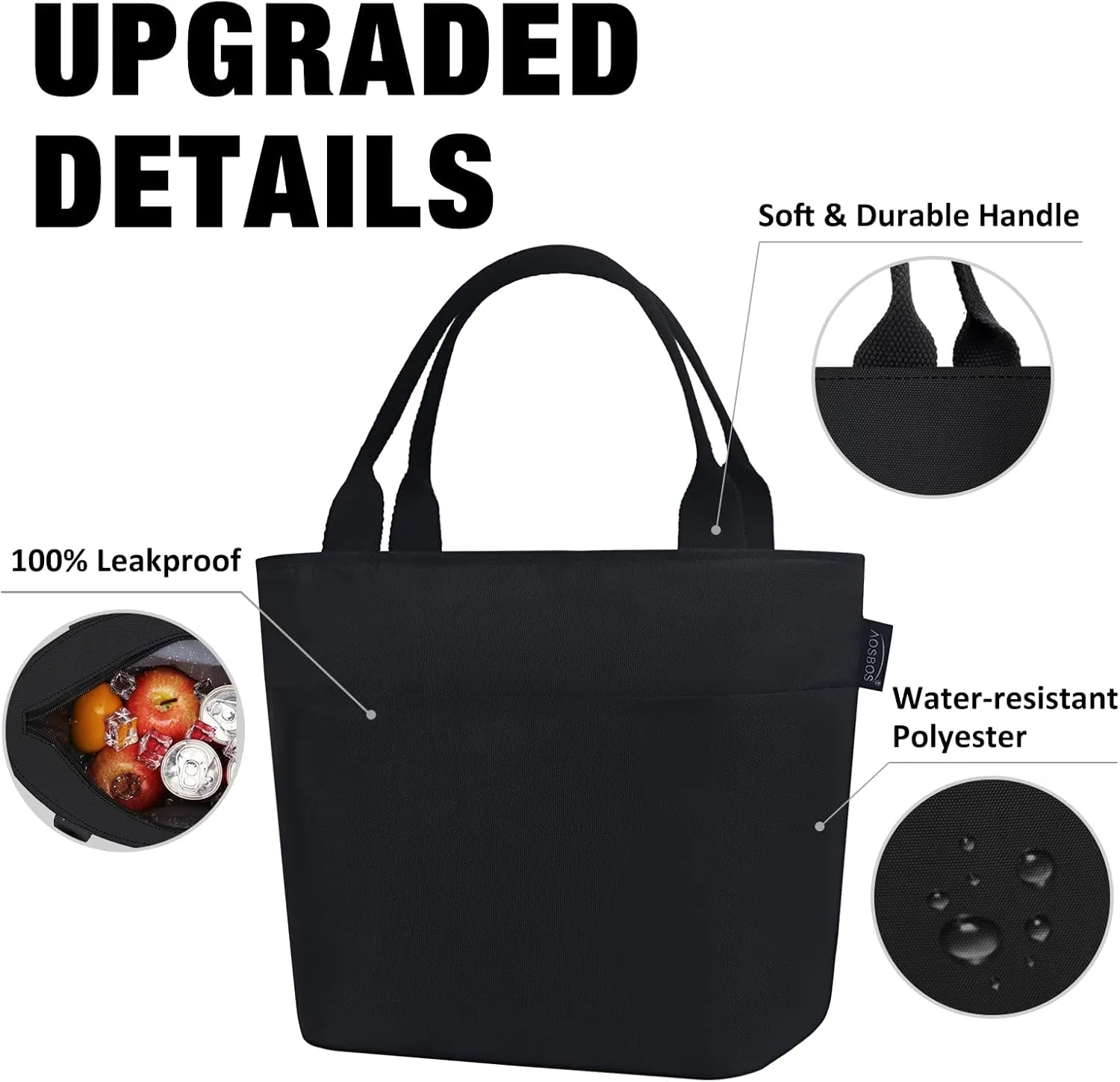 Aosbos Lunch Bag Lunch Box for Women Lunch Tote Bag Insulated Lunch Cooler Bag Thermal LunchBox Adult Bolsa Termica Almuerzo Lonchera, Black