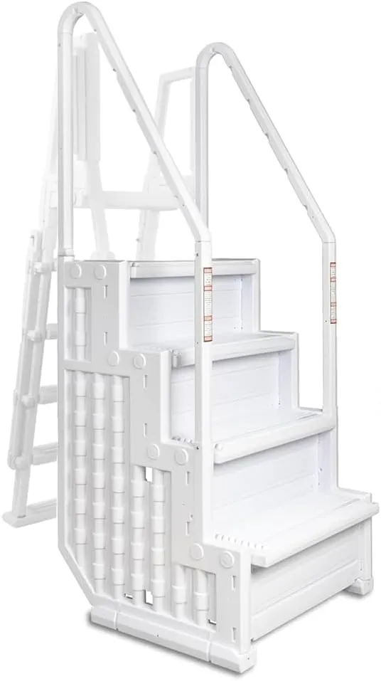 Aqua Select Everest in Pool Step and Outside Flip Up Ladder System | White | for Above Ground Swimming Pools | Wide Steps for Added Stability | Safety Stairs Capacity Up to 350 lbs