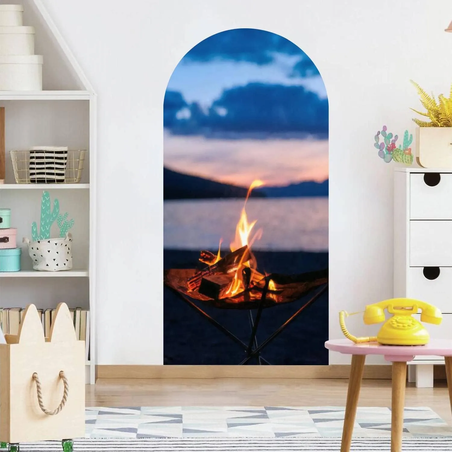 Arch Wall Decal Vertical Photo Bonfire time Starting at Dusk at Lakeside Camp Peel and Stick Wallpaper Self-Adhesive Removable Wall Sticker Mural Wall Decor for Living Room Bedroom Nursery