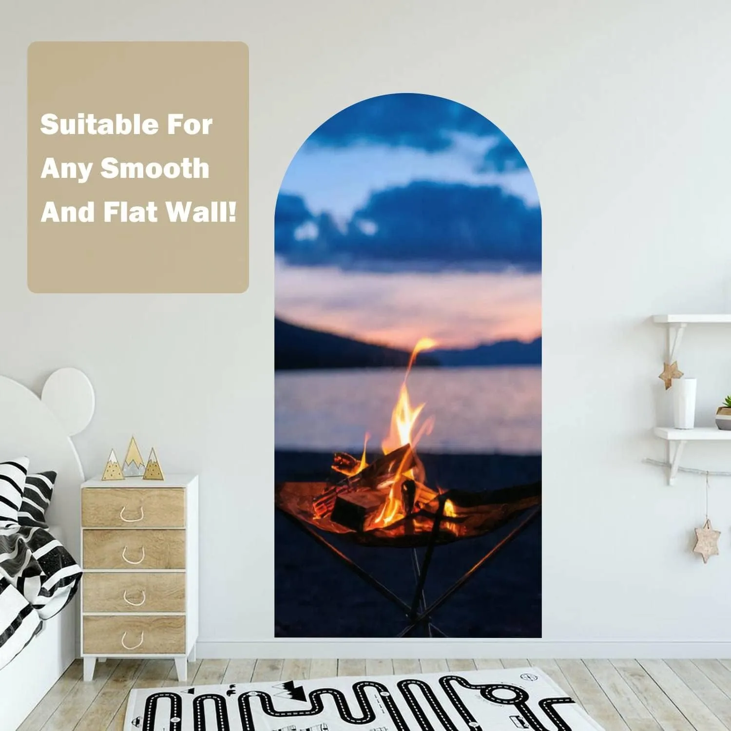 Arch Wall Decal Vertical Photo Bonfire time Starting at Dusk at Lakeside Camp Peel and Stick Wallpaper Self-Adhesive Removable Wall Sticker Mural Wall Decor for Living Room Bedroom Nursery