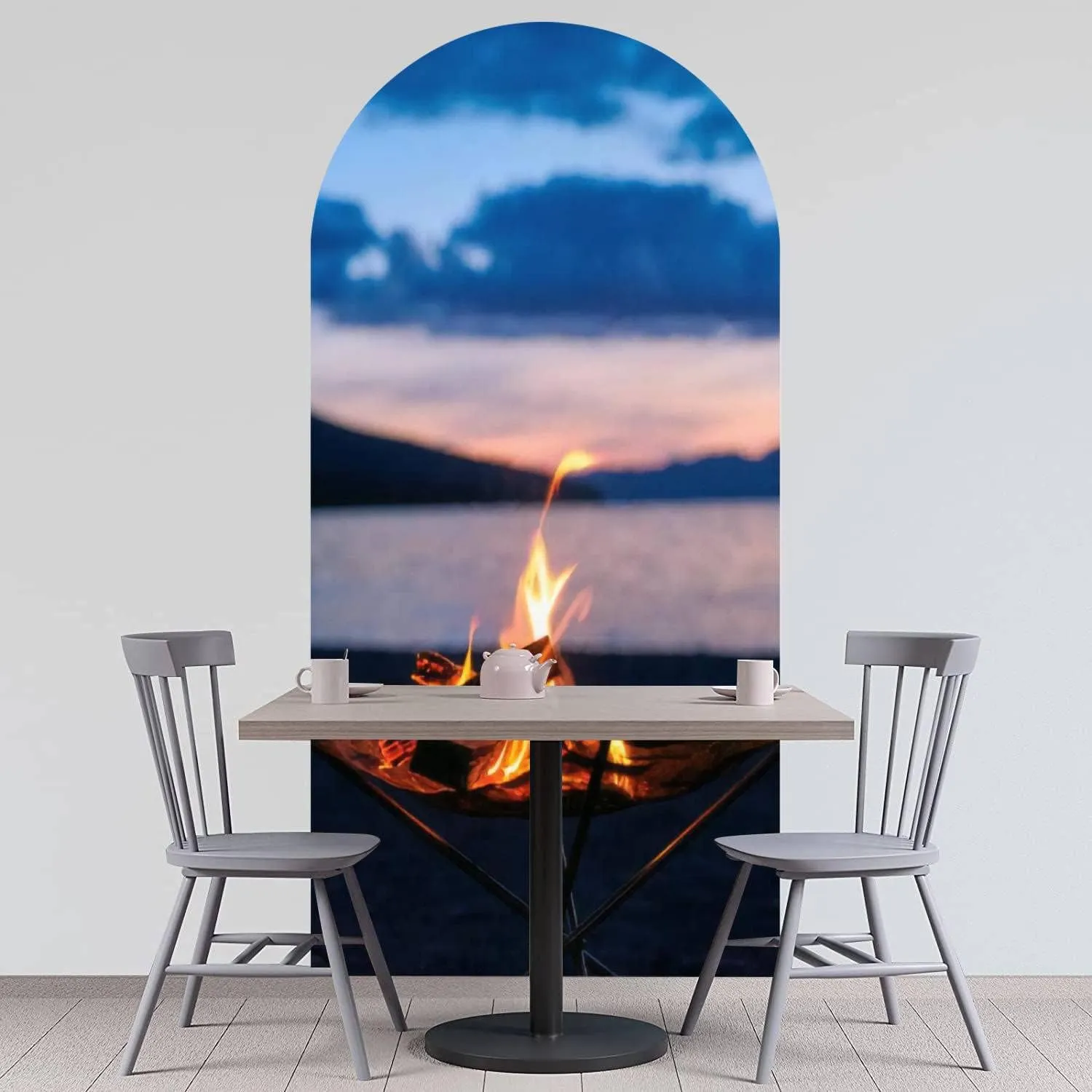 Arch Wall Decal Vertical Photo Bonfire time Starting at Dusk at Lakeside Camp Peel and Stick Wallpaper Self-Adhesive Removable Wall Sticker Mural Wall Decor for Living Room Bedroom Nursery