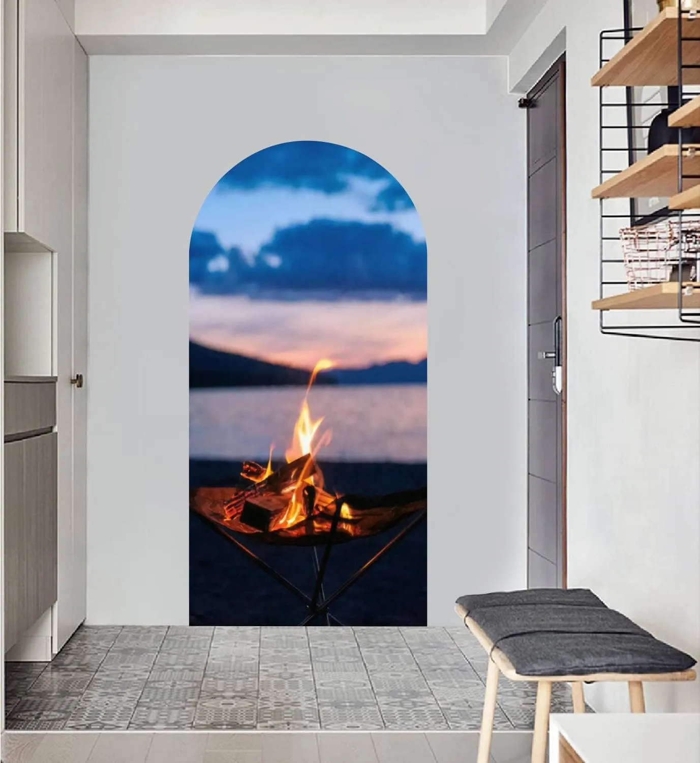 Arch Wall Decal Vertical Photo Bonfire time Starting at Dusk at Lakeside Camp Peel and Stick Wallpaper Self-Adhesive Removable Wall Sticker Mural Wall Decor for Living Room Bedroom Nursery