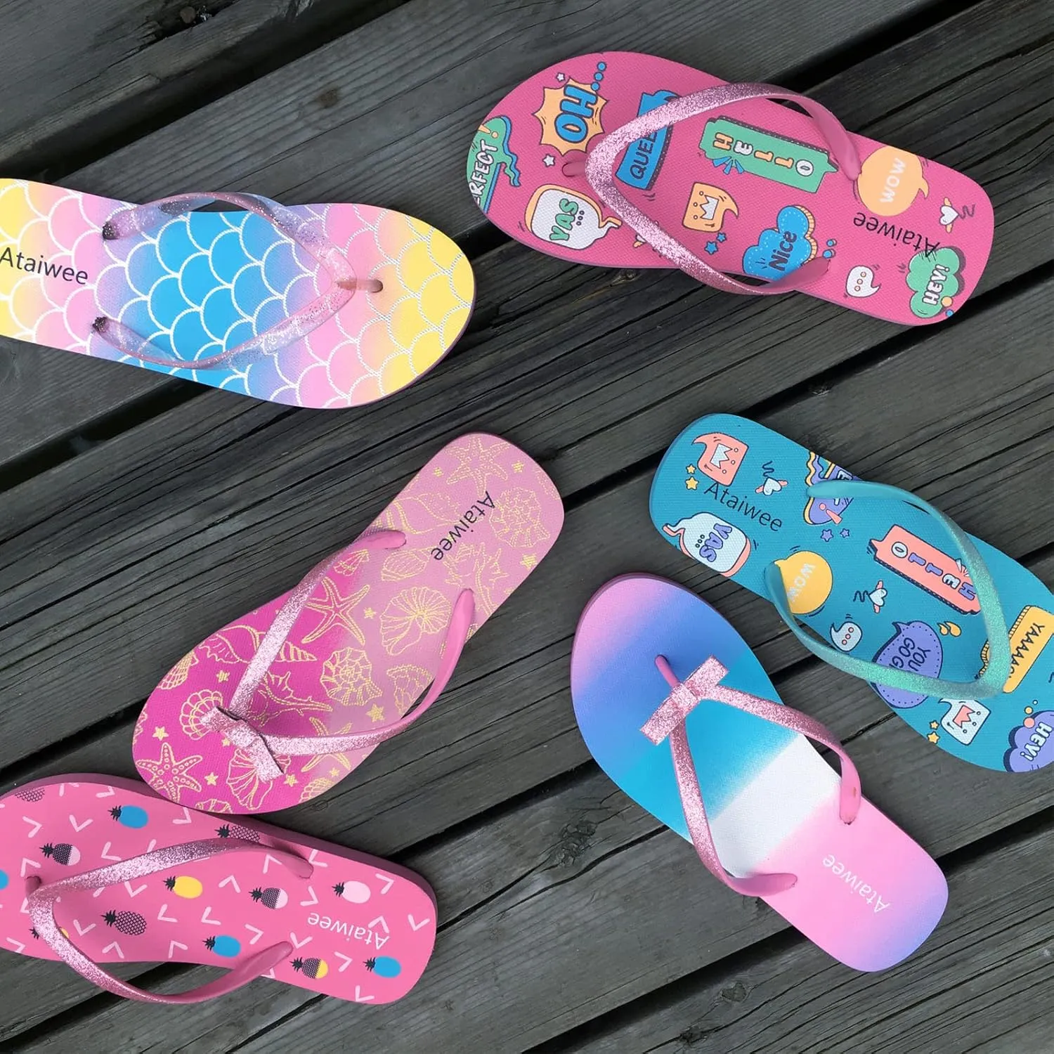 Ataiwee Girls Flip Flop Sandals - Kids Printed Slide Shoes for Little/Big Kid.