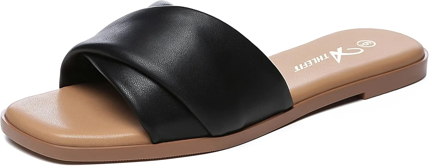 Athlefit Women's Summer Flat Sandals Slip On Square Toe Soft Leather Slide Sandals