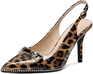 AUMOTED Women Beaded Pumps Slingback High Heel Stilettos Pointed Toe Shoes Slip On 3.5 Inch Ankle Strap Adjustable Patent Leather US Size 5-13