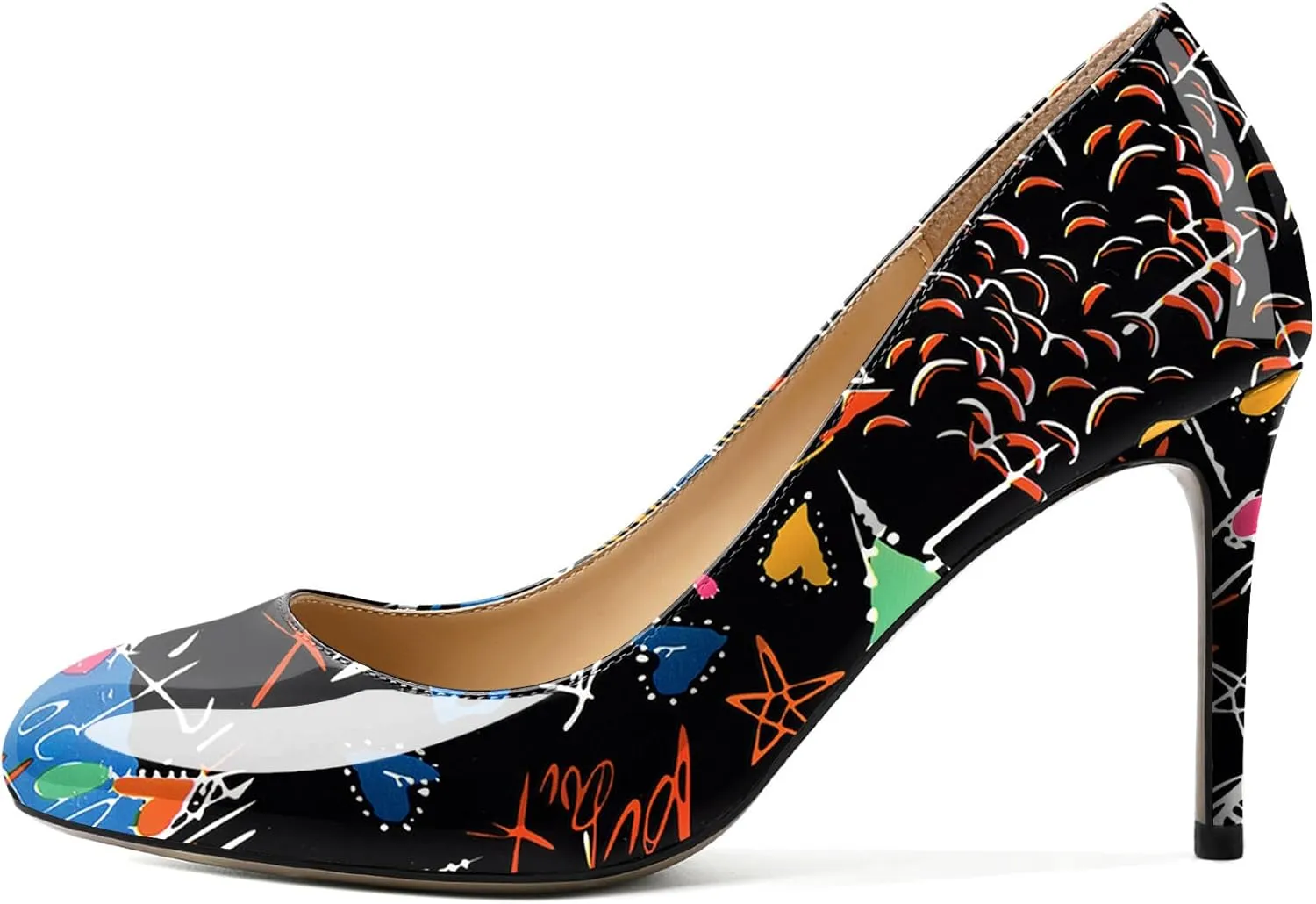 AUMOTED Women Casual Patent Round Toe Pumps Stiletto High Heel Slip On Evening Wedding Dress Shoes 3.4 Inch