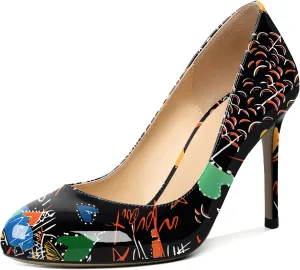 AUMOTED Women Casual Patent Round Toe Pumps Stiletto High Heel Slip On Evening Wedding Dress Shoes 3.4 Inch