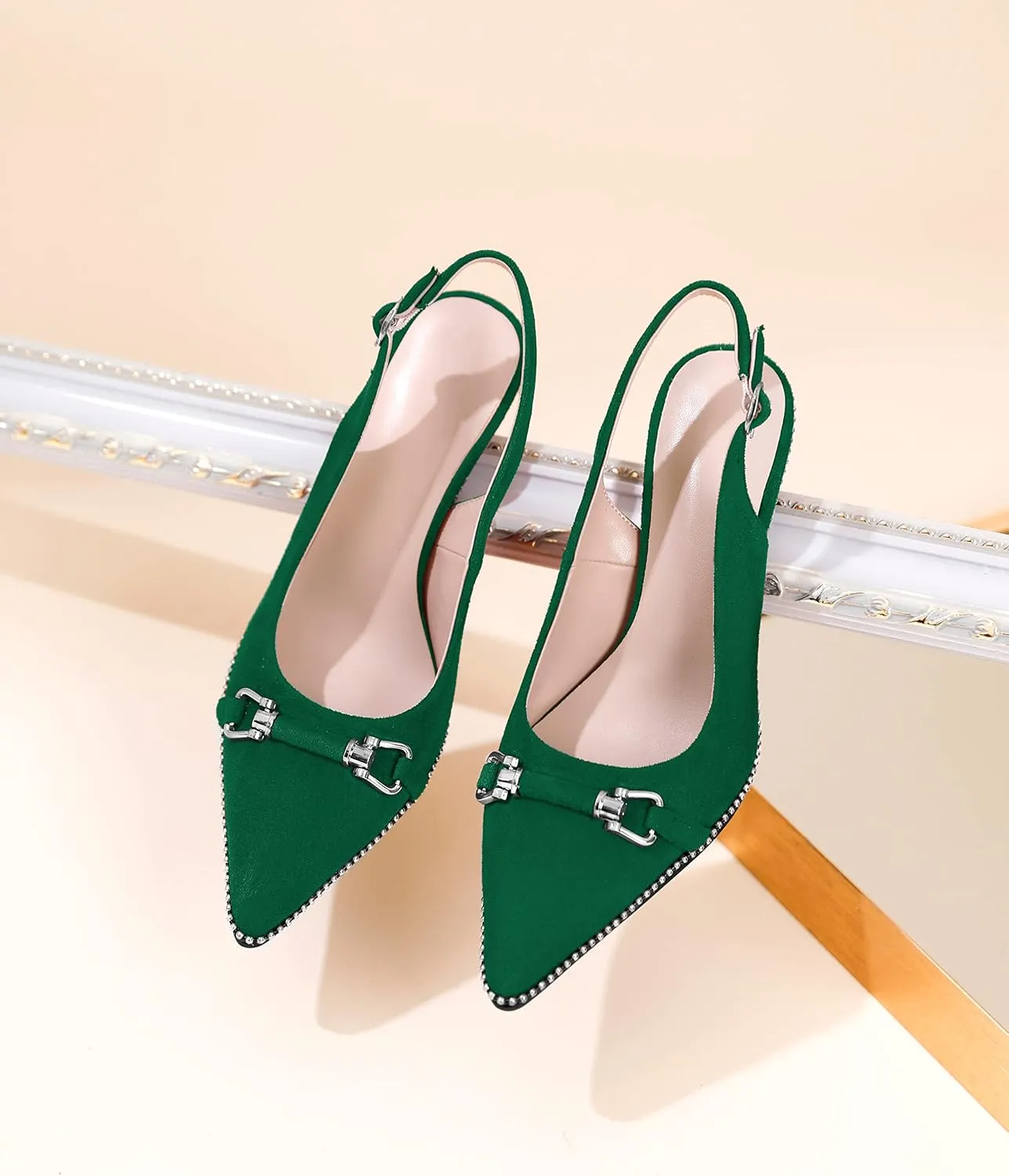 AUMOTED Women's Slingback High Heel Sliver Beaded Pointed Toe Pumps Slip On Stilettos High Heel Ankle Strap Dress Shoes 3.5 Inch