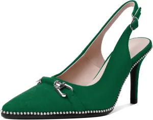 AUMOTED Women's Slingback High Heel Sliver Beaded Pointed Toe Pumps Slip On Stilettos High Heel Ankle Strap Dress Shoes 3.5 Inch