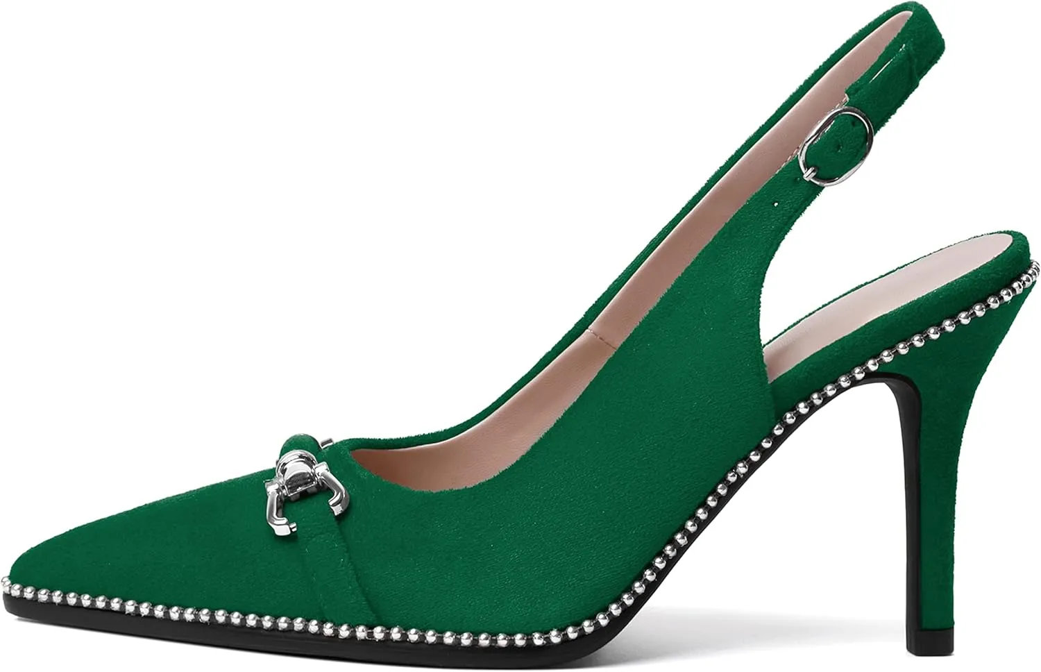 AUMOTED Women's Slingback High Heel Sliver Beaded Pointed Toe Pumps Slip On Stilettos High Heel Ankle Strap Dress Shoes 3.5 Inch