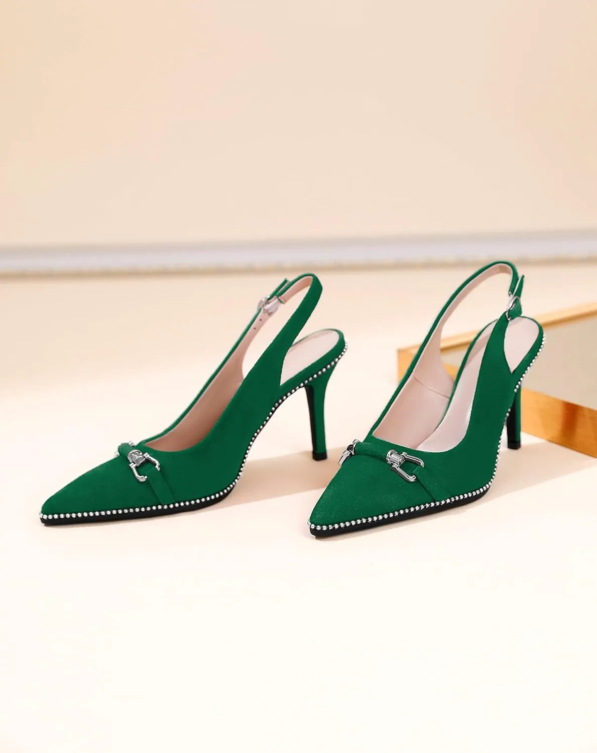 AUMOTED Women's Slingback High Heel Sliver Beaded Pointed Toe Pumps Slip On Stilettos High Heel Ankle Strap Dress Shoes 3.5 Inch