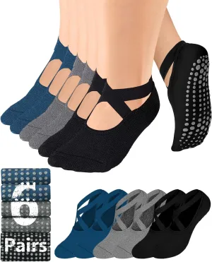 AURUZA Pilates Grip Socks for Women Non Slip Skid Yoga Socks with Grips Straps for Ballet Dance Workout Gripper Socks
