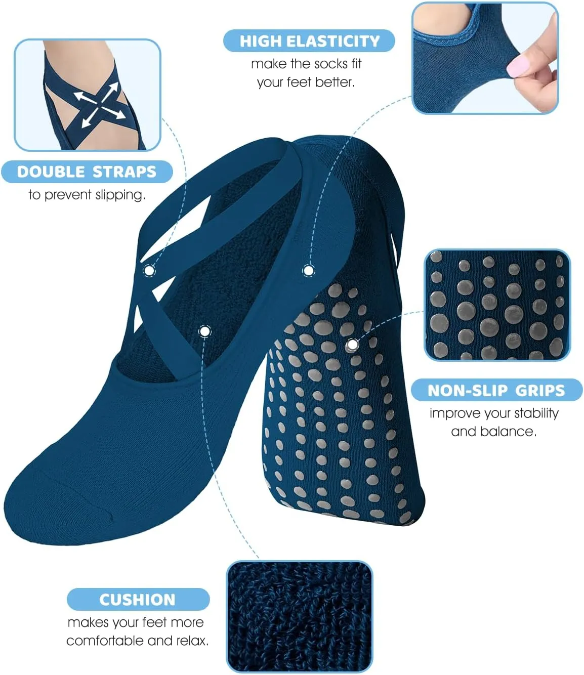 AURUZA Pilates Grip Socks for Women Non Slip Skid Yoga Socks with Grips Straps for Ballet Dance Workout Gripper Socks