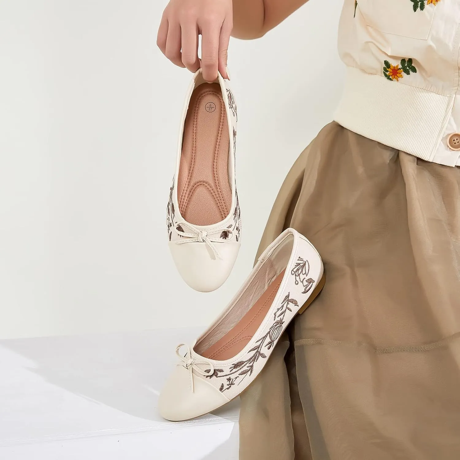 BABUDOG Womens Flats Shoes with Pomegranate Embroidery,White Flats with Bow,Comfortable Round-Toe Flats Shoes,Black Dress Shoes for Women(Soft Memory Foam Insole)