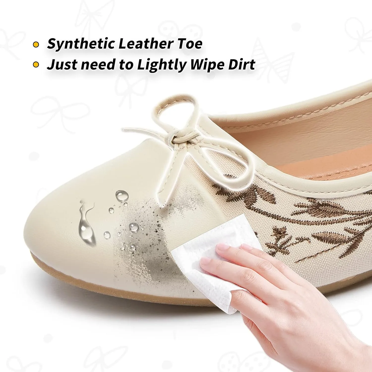 BABUDOG Womens Flats Shoes with Pomegranate Embroidery,White Flats with Bow,Comfortable Round-Toe Flats Shoes,Black Dress Shoes for Women(Soft Memory Foam Insole)