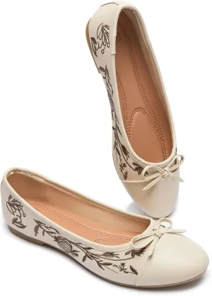 BABUDOG Womens Flats Shoes with Pomegranate Embroidery,White Flats with Bow,Comfortable Round-Toe Flats Shoes,Black Dress Shoes for Women(Soft Memory Foam Insole)