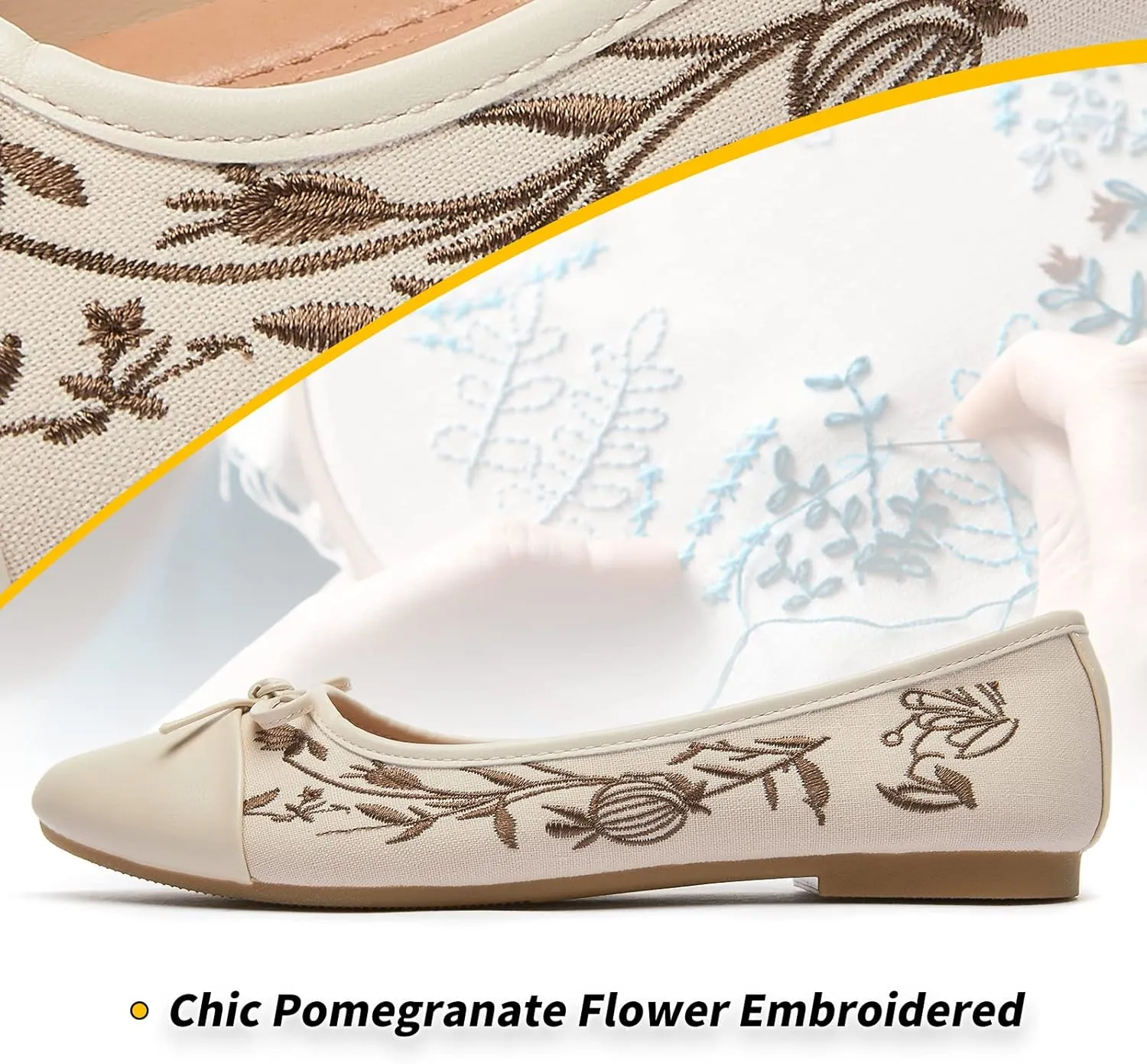 BABUDOG Womens Flats Shoes with Pomegranate Embroidery,White Flats with Bow,Comfortable Round-Toe Flats Shoes,Black Dress Shoes for Women(Soft Memory Foam Insole)