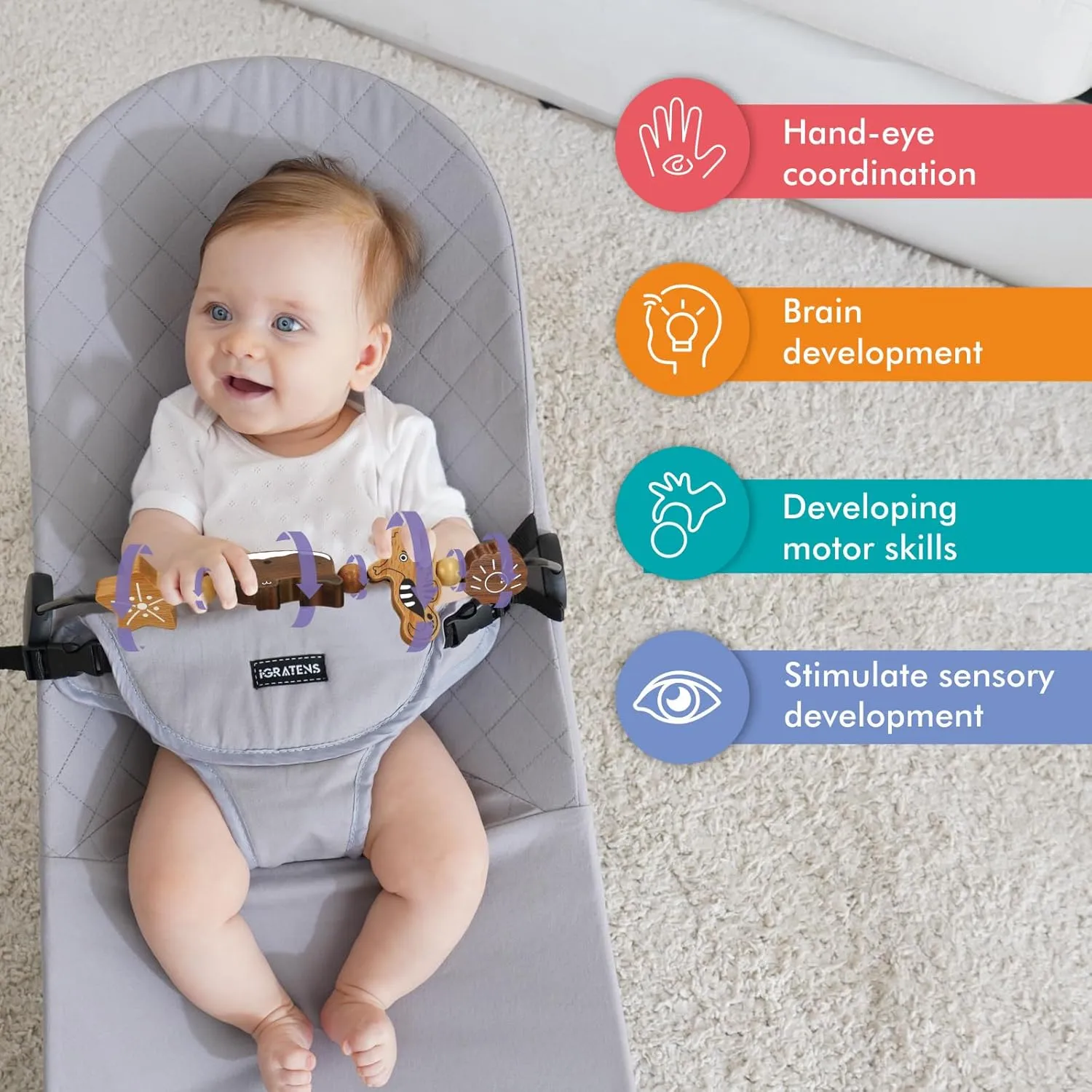 Baby Bjorn Bouncer Toy Bar - Toy Bar for Baby Bouncer Soft & Bliss, Easy to Attach and Remove, 360°Rotating Natural Wooden Toys, Exciting Design for Curious Babies, Sea Animals