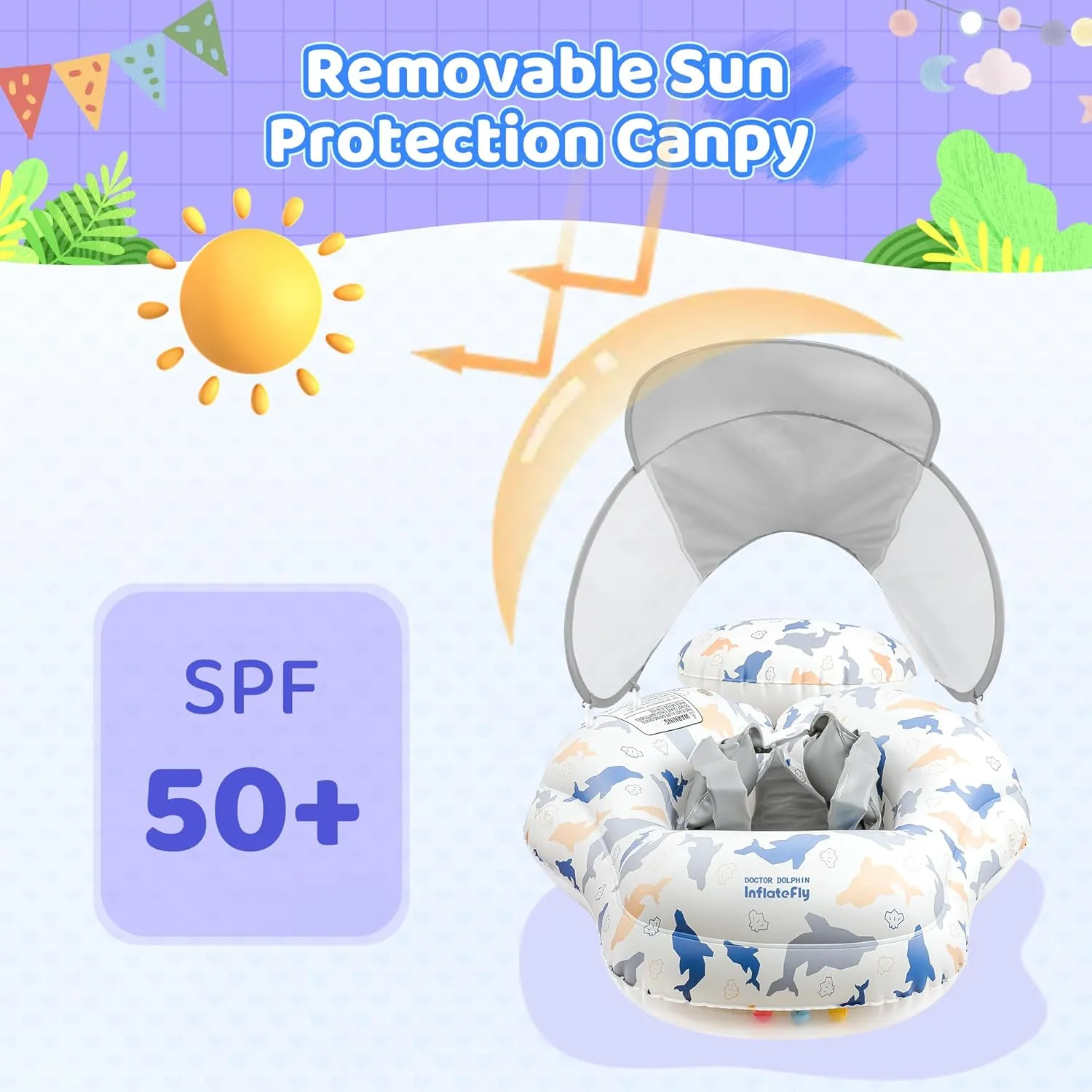Baby Pool Float with Sun Canopy Inflatable Toddler Swimming Float with Anti-Backflip Tail Infant Pool Floaties for Ages of 6-30 Months