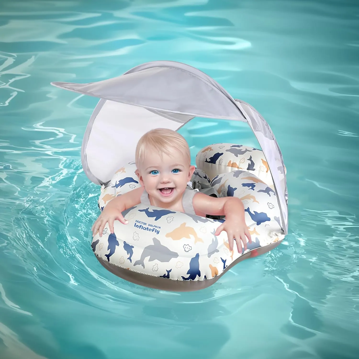 Baby Pool Float with Sun Canopy Inflatable Toddler Swimming Float with Anti-Backflip Tail Infant Pool Floaties for Ages of 6-30 Months