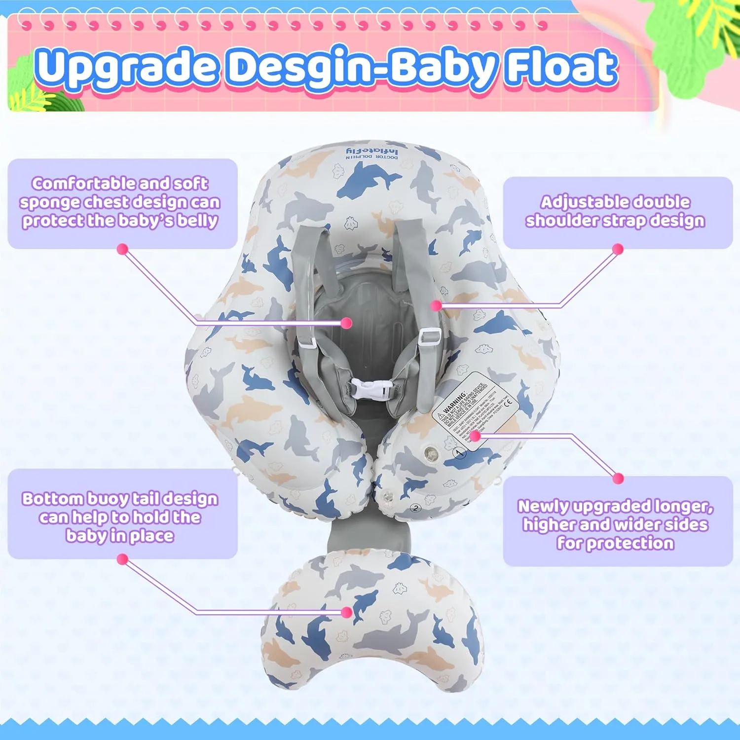 Baby Pool Float with Sun Canopy Inflatable Toddler Swimming Float with Anti-Backflip Tail Infant Pool Floaties for Ages of 6-30 Months