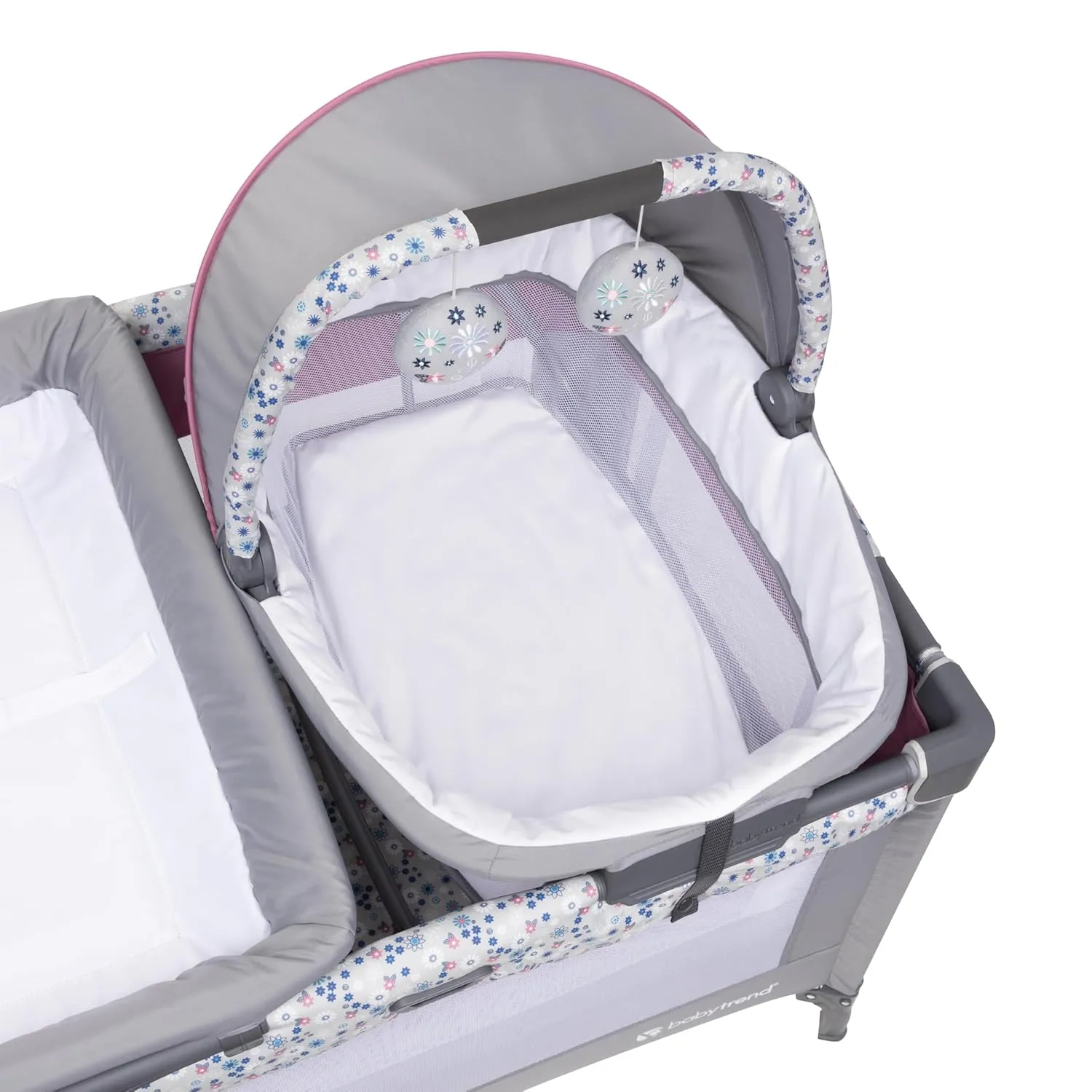 Baby Trend Nursery Den Playard with with Rocking Cradle, Snooze Pod, Flip Over Changer, Daisy Pink