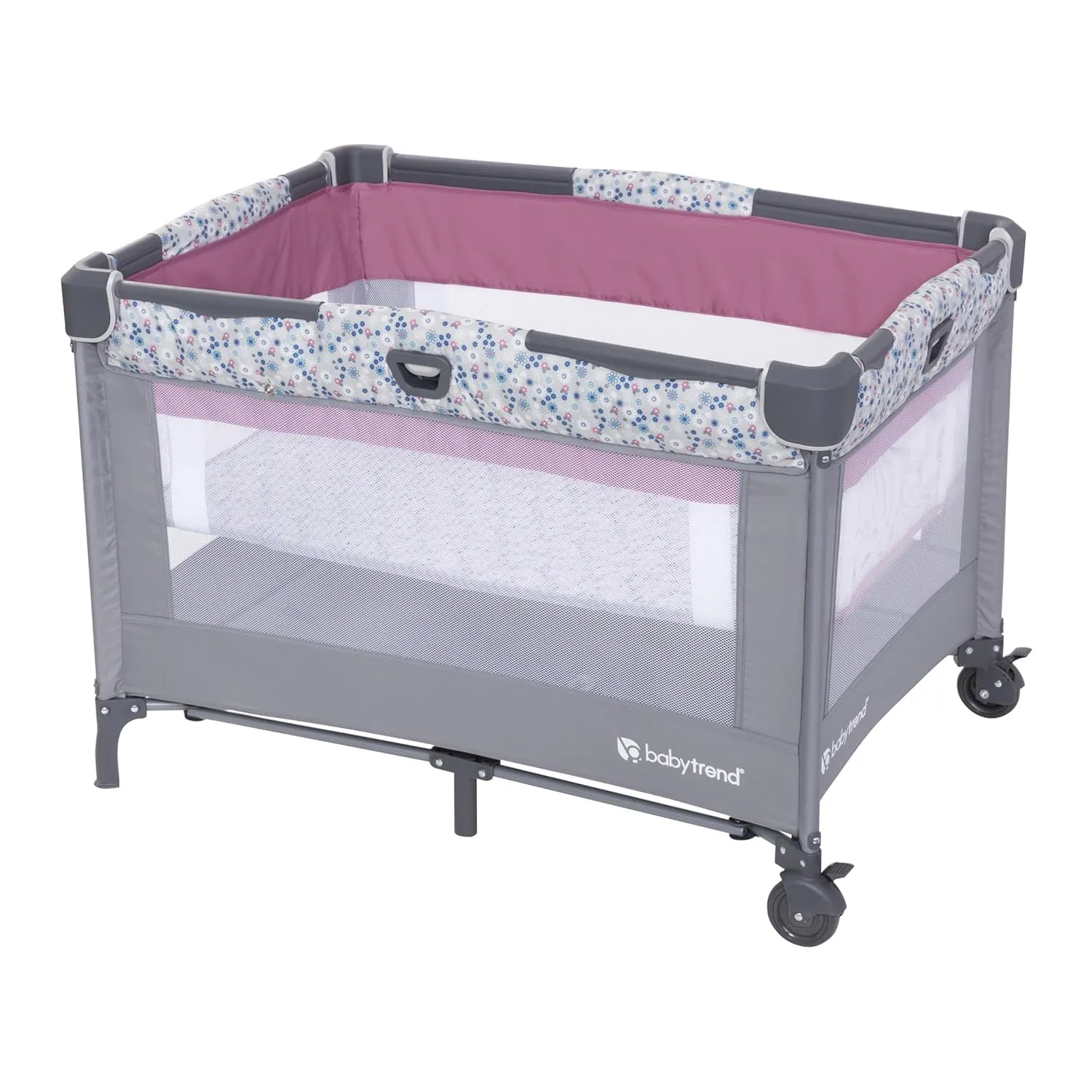 Baby Trend Nursery Den Playard with with Rocking Cradle, Snooze Pod, Flip Over Changer, Daisy Pink