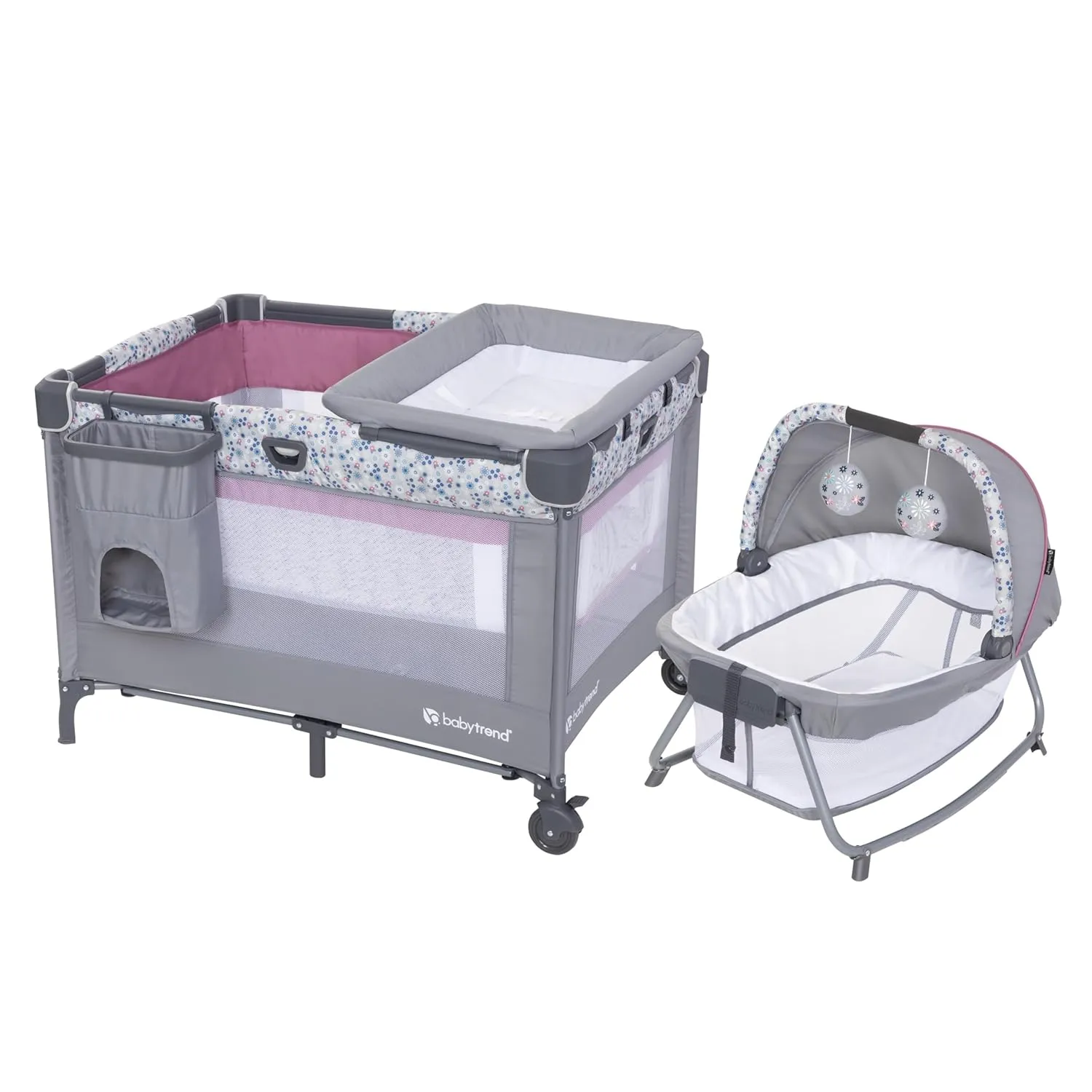 Baby Trend Nursery Den Playard with with Rocking Cradle, Snooze Pod, Flip Over Changer, Daisy Pink